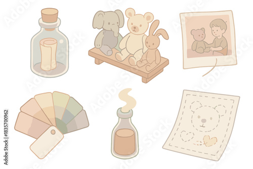 Restored Toy Memories. Isometric vector illustration set Abandoned toy restoration and memory recovery: memory bottle labeled with
