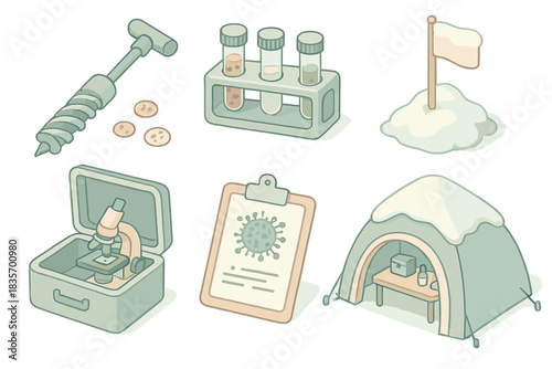 Antarctic Fungi Collection. Isometric vector illustration set Antarctic fungal specimen collection: ice corer tool with fungi