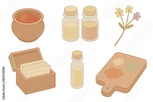 Medieval Pigment Tools. Isometric vector illustration set Medieval manuscript pigment recreation: clay pot of red ochre, pigment