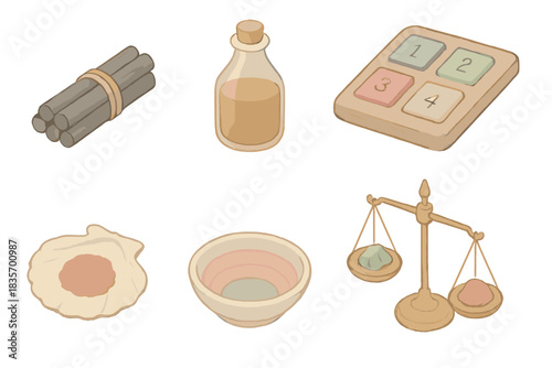 Medieval Pigment Tools. Isometric vector illustration set Medieval manuscript pigment recreation: charcoal stick bundle for black