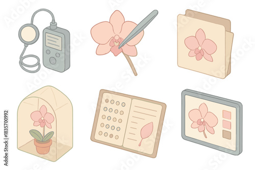 Rare Orchid Techniques. Isometric vector illustration set Rare orchid pollination techniques: light meter for bloom readiness,