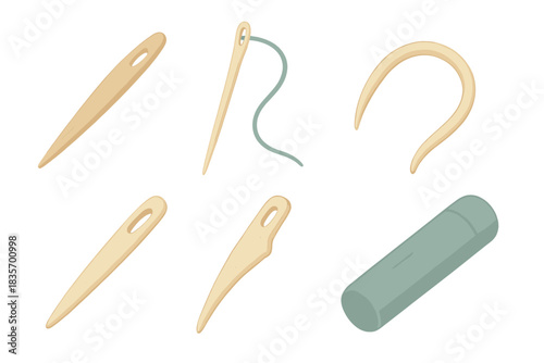 Historical Sewing Needles. Isometric vector illustration set Historical sewing needle typology: wooden needle for net repair, East