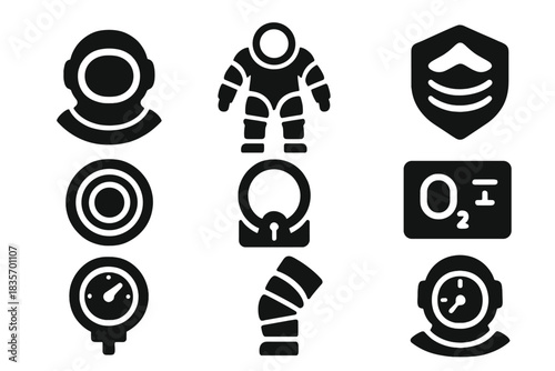 Pressurized Dive Suit Icons. Solid style icons of pressurized dive suits: helmet seal glyph, reinforced suit icon, layer badge.
