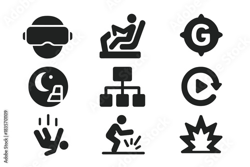 VR Space Training Icons. Solid style icons of VR training for space jumps: virtual headset glyph, motion sim icon, G-force badge.