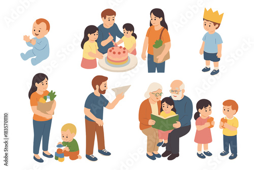 Family Fun Activities. Isometric vector illustration set of Family: baby clapping hands, family decorating cake, child wearing