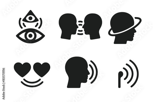 Telepathic Connectivity Icons. Solid style icons of remote telepathic sensing: third-eye signal icon, distant mind link,