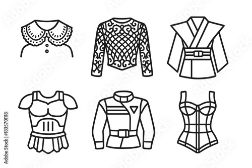 Historic Fashion Fusion. Line style icons of historical influence in 3D wear: printed Victorian collar, baroque mesh pattern,