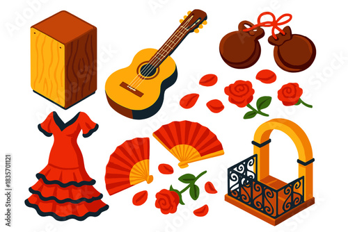 Flamenco Essence Icons. Isometric vector illustration set Musical genres – cajón drum, Spanish guitar, castanets; flamenco dress,