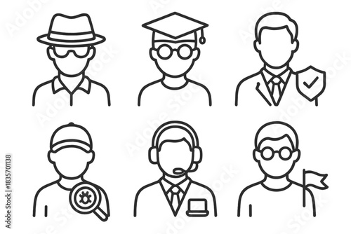 Ethical Hacker Icons. Line style icons of ethical hacker personas: white hat avatar, student hacker icon, corporate tester badge,