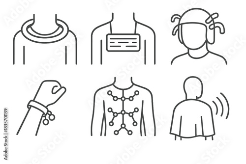 Wearable Sound Sculptures. Line style icons of wearable sound sculptures: shoulder tone ring, chest echo plate, wrist chime band,