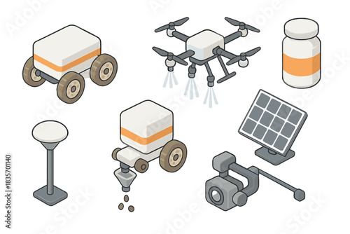 Robotics in Agriculture. Isometric vector illustration set Robotics and AI – Agricultural robot: field drone, sprayer nozzle, seed