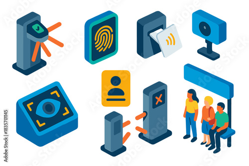 Biometric Transit Icons. Isometric vector illustration set Biometric authentication – public transit turnstile, fingerprint reader