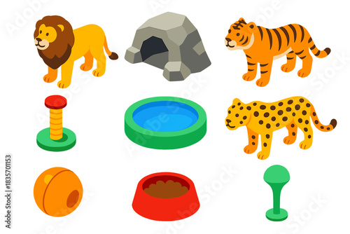 Zoo Animal Icons. Isometric vector illustration set Zoo animals – lion, tiger, leopard; rock cave, water pool, scratching post;