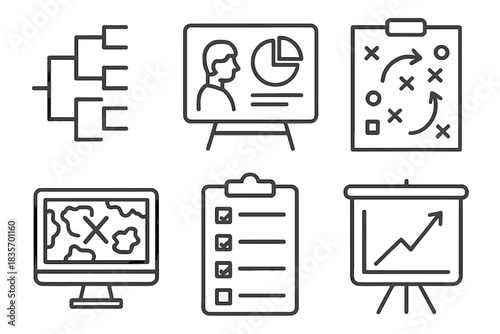 Tournament Strategy Icons. Line style icons of tournament prep and strategy: bracket layout guide, opponent analysis board, veto