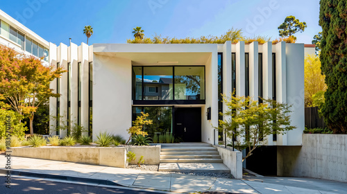 Fototapeta Naklejka Na Ścianę i Meble -  A modern white house with a flat roof large windows and a black door surrounded by a well-maintained garden with various plants and trees