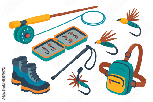 Fishing Gear Icons. Isometric vector illustration set Fishing equipment – fly rod, fly reel, tapered leader; fly box, dry fly,