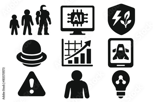Innovative Exploration Icons. Solid style icons of next-gen exploration concepts: suit evolution glyph, AI monitor icon, hybrid