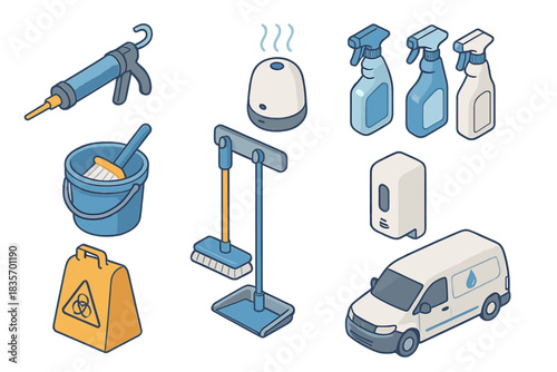 Cleaning Tools Isometric Set. Isometric vector illustration set of Cleaning Services: tile grout injector, scent diffuser pod,