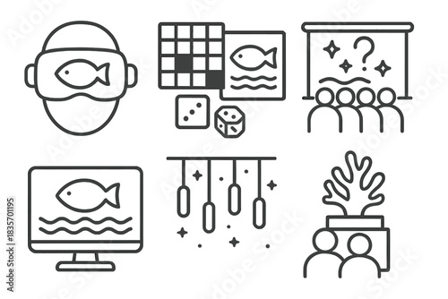 Guest Entertainment Icons. Line style icons of guest entertainment: VR diving headset, fish-themed board games, reef trivia night,