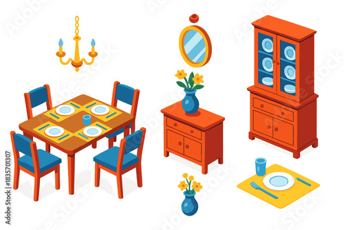 Vibrant Dining Room Scene. Isometric vector illustration set Interior layout – dining room table, dining chairs, chandelier; china