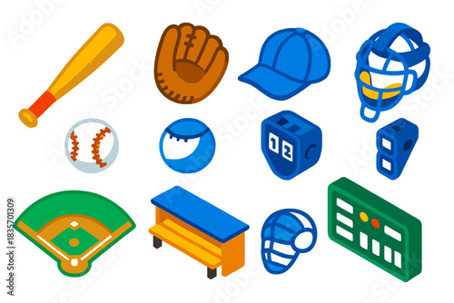 Baseball Icons Set. Isometric vector illustration set Outdoor sports – baseball bat, baseball glove, baseball cap; baseball,