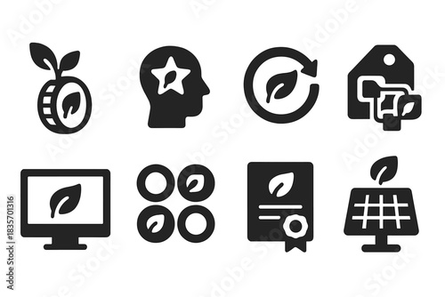 Sustainable NFT Icons. Solid style icons of eco-conscious NFT staging: low-energy mint icon, green performer badge, carbon-light