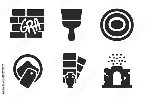 Ancient Graffiti Artifacts. Solid style icons of vandalism archaeology: ancient wall with graffiti icon, excavation brush glyph,
