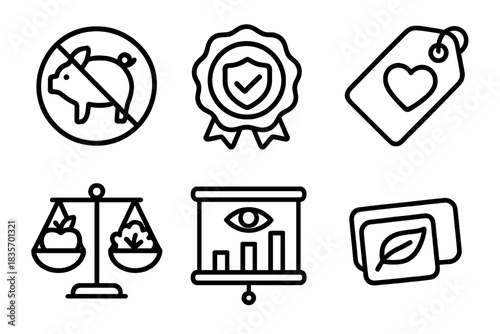 Ethical Food Icons. Line style icons of ethical food production: no slaughter icon, ethical choice badge, conscious consumer tag,