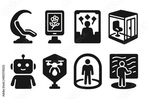 Futuristic Tattoo Icons. Solid style icons of futuristic tattoo studios: smart chair pod, digital ink screen, AR design chamber.