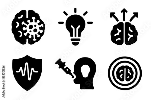 Memetic Warfare Icons. Solid style icons of memetic weapons: viral brain glyph, idea contagion icon, neural spread pattern. Meme