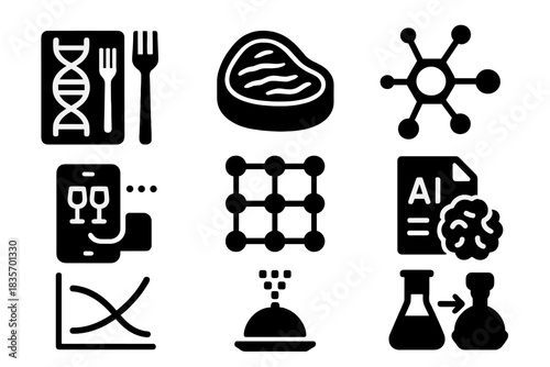 Biotech Culinary Icons. Solid style icons of biotech culinary fusion: gene-edit menu, printed steak texture, flavor molecule
