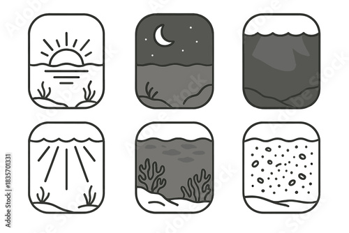 Underwater Hotel Icons. Line style icons of underwater hotel views: sunrise below water, moonlight reflecting in ocean, deep sea