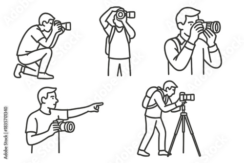 Photographer Icon Poses. Line style icons of photographer at work: crouched shooter pose, overhead shot stance, adjusting lens