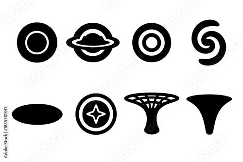 Theoretical Black Hole Icons. Solid style icons of theoretical black hole shapes: Schwarzschild shadow, rotating Kerr hole,