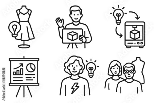 Startup Innovation Icons. Line style icons of startup and innovation scenes: fashion startup logo, 3D prototype pitch, idea to