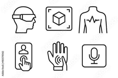 Exosuit UI Icons. Line style icons of exosuit user interface: HUD visor icon, AR control screen, biometric feedback icon,