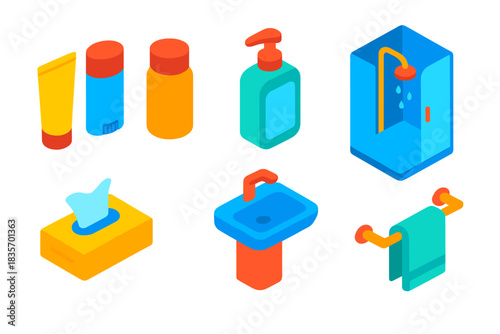 Vibrant Travel Gear Essentials. Isometric vector illustration set Travel gear – travel-size toiletries, deodorant stick, shampoo