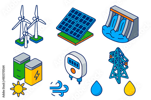 Renewable Energy Icons. Isometric vector illustration set Climate action – wind turbine farm, solar panel array, hydroelectric dam
