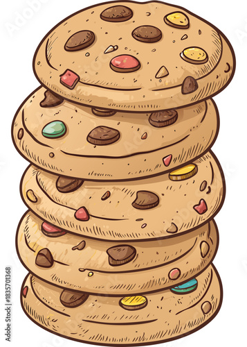 Delicious stack of chocolate chip cookies with candy pieces