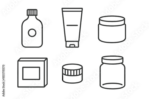 Minimalist Packaging Icons. Line style icons of minimalist genderless packaging: clear bottle with dot, tube with stripe only,