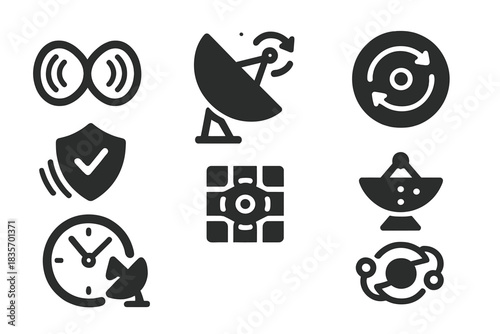 Interstellar Signal Icons. Solid style icons of interstellar signal syncing: radio wave loop, telescope sync beam, time delay icon