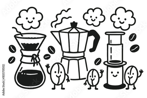 Coffee Brewer Doodle. Fun doodle illustration comparing manual coffee brewers like Chemex, moka pot, and AeroPress, with friendly