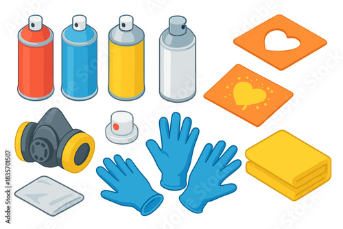 Vibrant Art Supplies. Isometric vector illustration set Art supplies – spray paint cans, aerosol primer, sealing spray; stencil