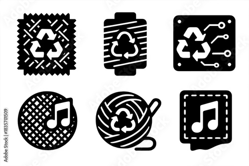 Recycled Sonic Fibers. Solid style icons of recycled sonic fibers: upcycled speaker cloth, reused audio cable thread, recycled