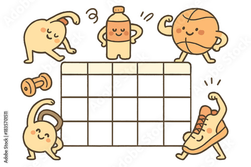 Anthropomorphic Fitness Planner. Playful doodle of a fitness routine planner with cute anthropomorphic sports items stretching and