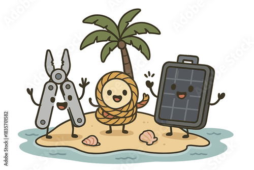 Survival Tools Friendship. Adorable doodle scene of cheerful survival tools — multitool, rope, and solar charger — chatting