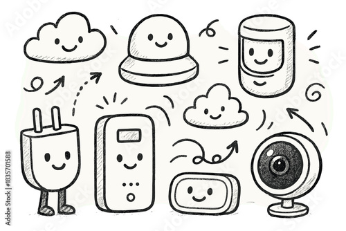 Cheerful Smart Home Gadgets. Adorable doodle scene of cheerful smart home gadgets — plugs, sensors, cameras — working together