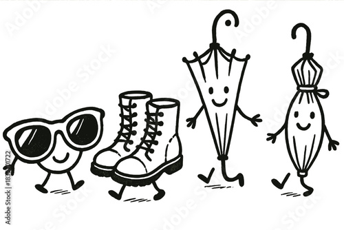 Travel Essentials Doodle. Charming doodle art of happy travel essentials — sunglasses, boots, and umbrellas — preparing for