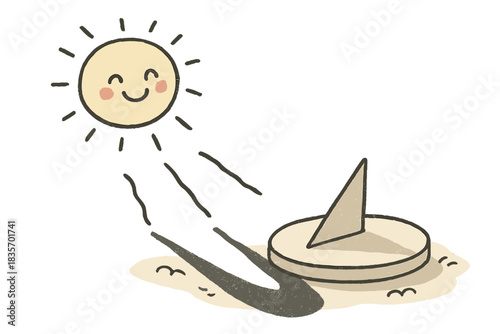 Playful Sundial Shadows. Cute doodle illustration of time-telling through shadow length analysis with smiling sun, sundial, and