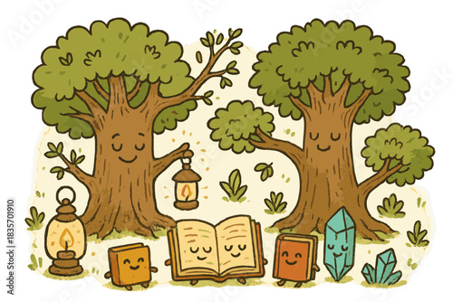 Enchanted Grove Doodle. Delightful doodle of enchanted grove filled with wise trees and cheerful tools — books, lanterns, crystals